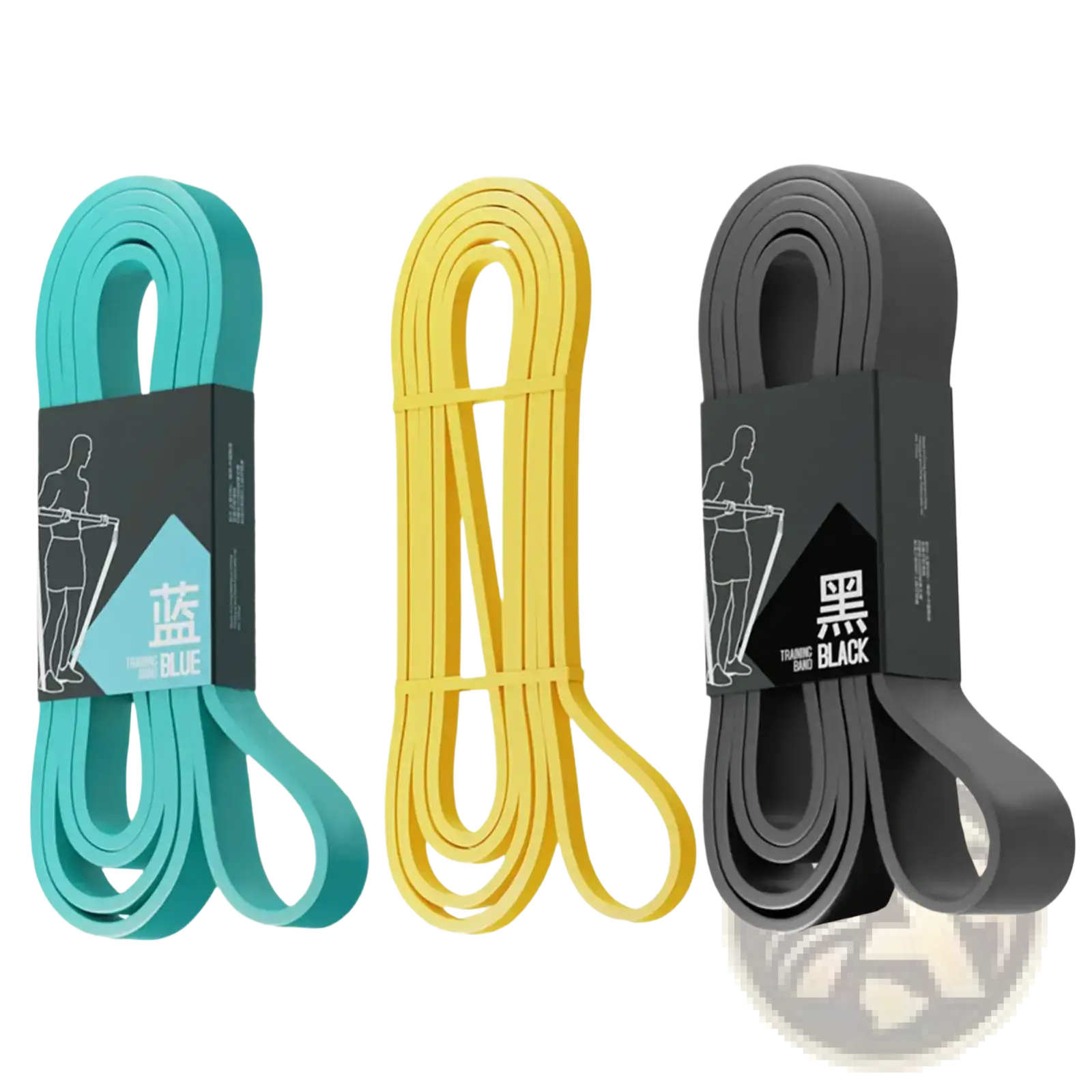 Workout resistance bands for strength training in teal yellow and black with branded packaging and coiled design
