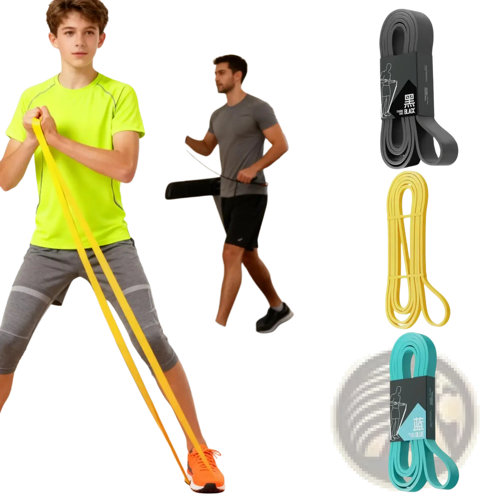 Yellow resistance band made of durable material with black and white packaging label for strength training workouts