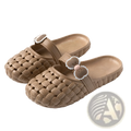 Beige woven pvc slide sandals with a bow decoration on the strap ideal for summer beach wear