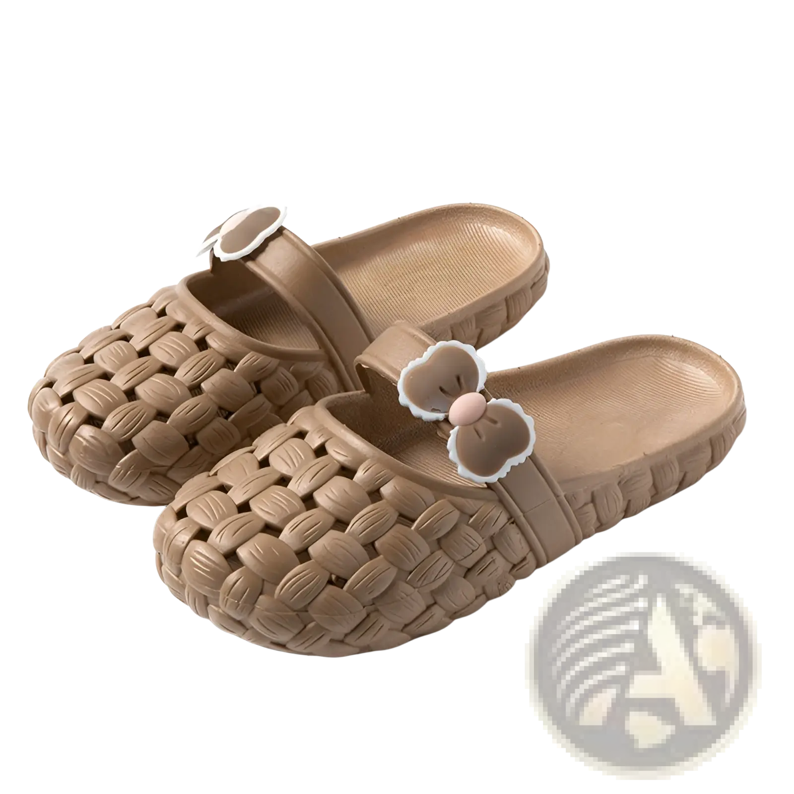 Beige woven pvc slide sandals with a bow decoration on the strap ideal for summer beach wear