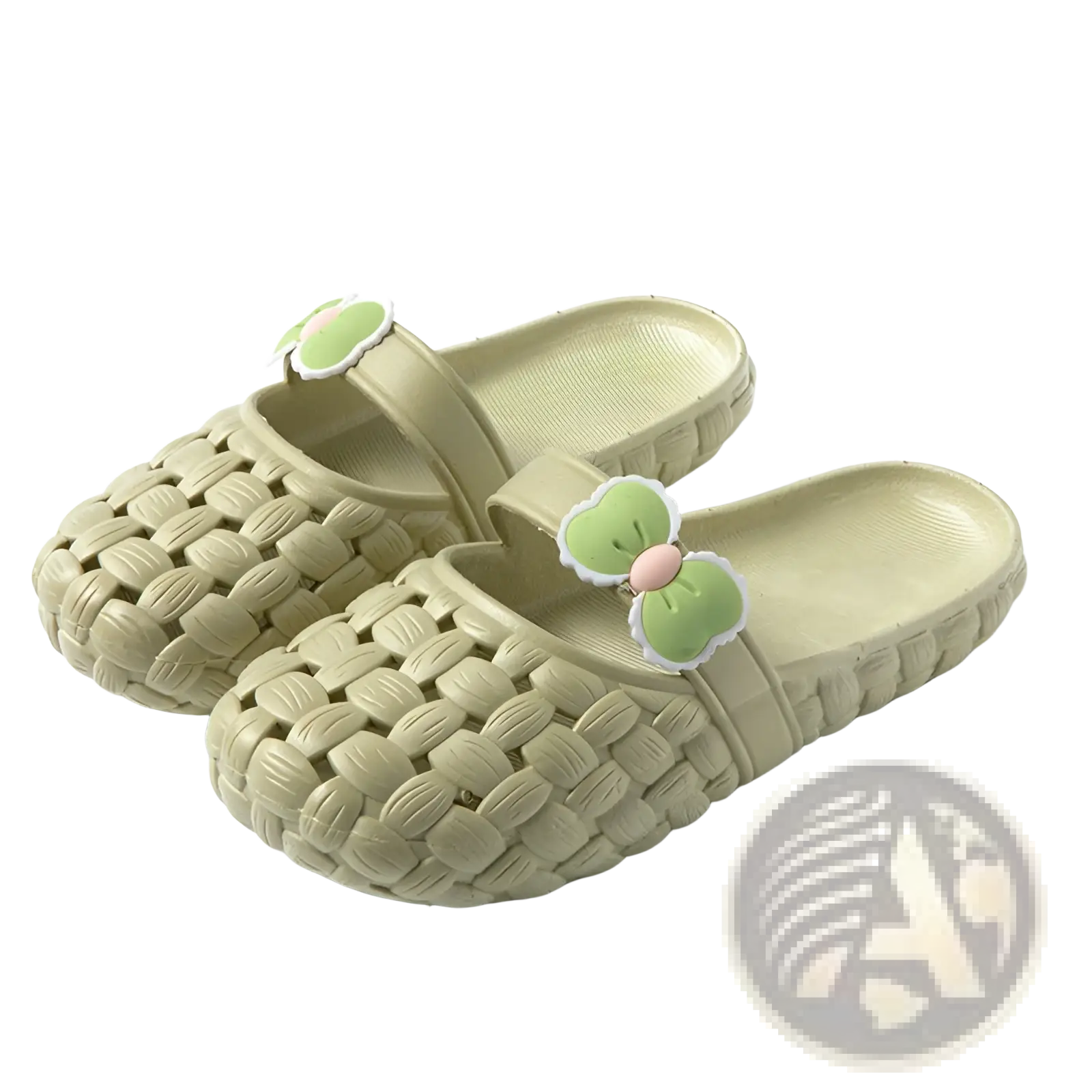 Beige woven plastic slide sandals with light green and pink bow decorations ideal for summer beach wear