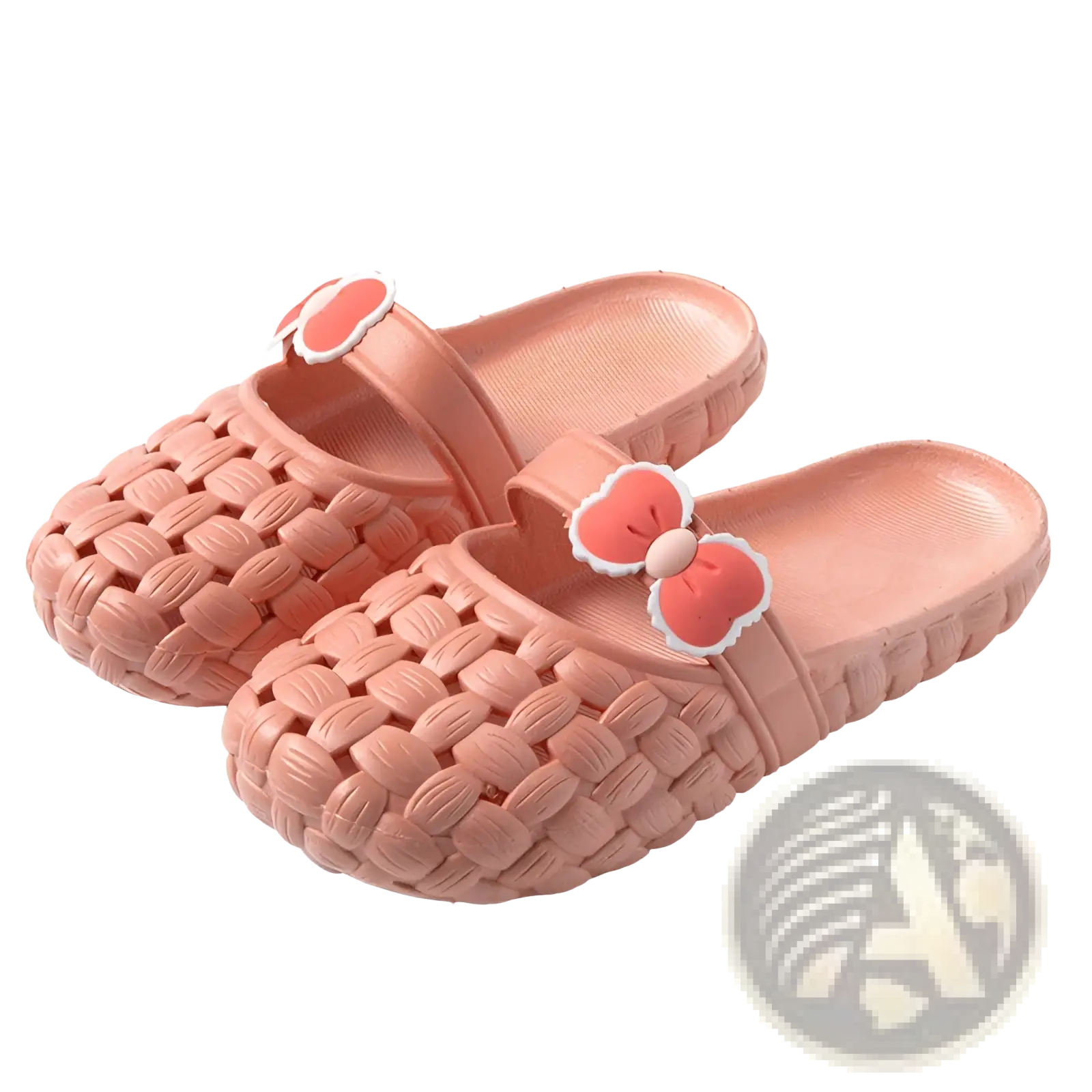 Pink woven plastic slide sandals with coral bow decorations designed as summer pvc beach slippers