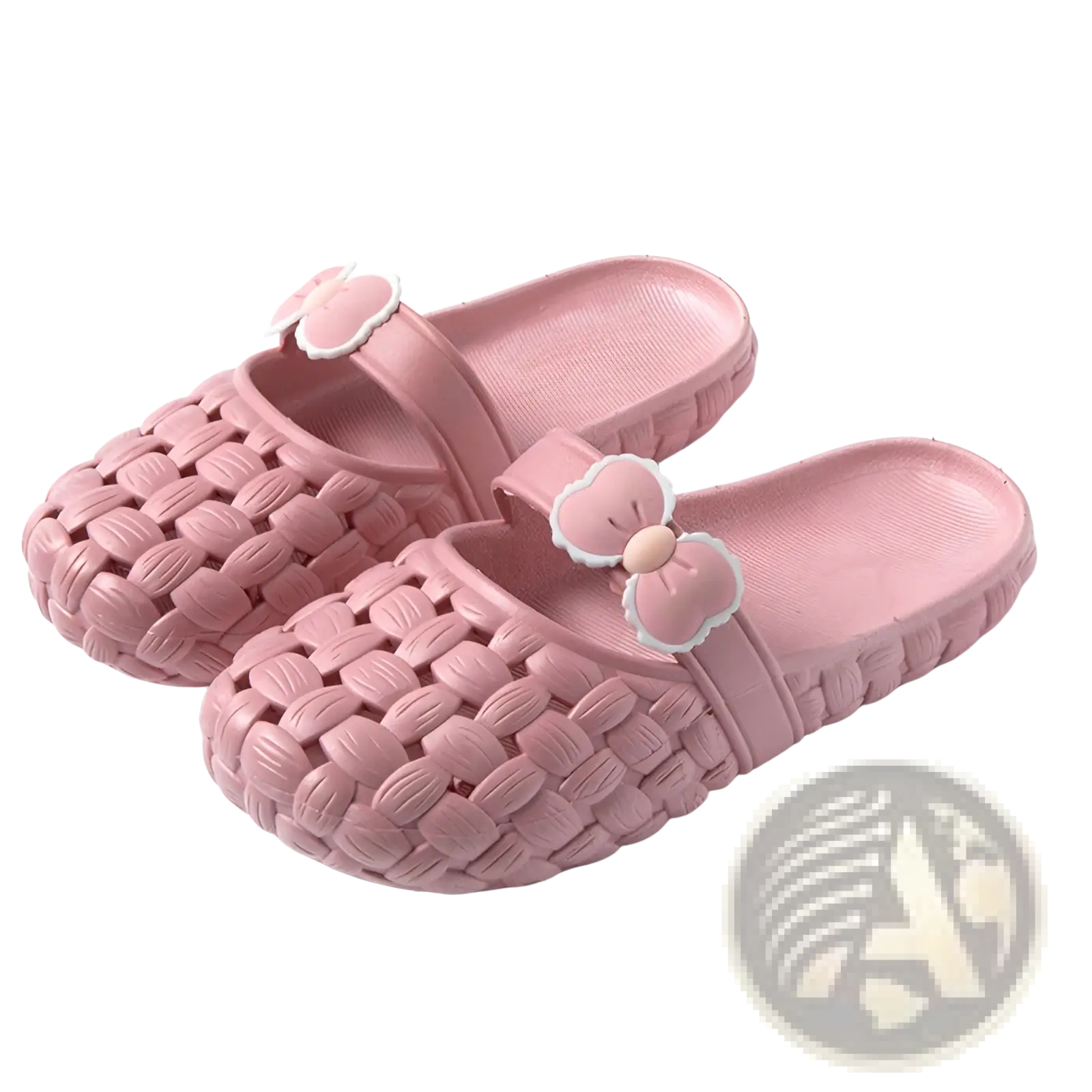 Pink woven pvc slide sandals featuring a decorative bow on the strap ideal for summer beach wear