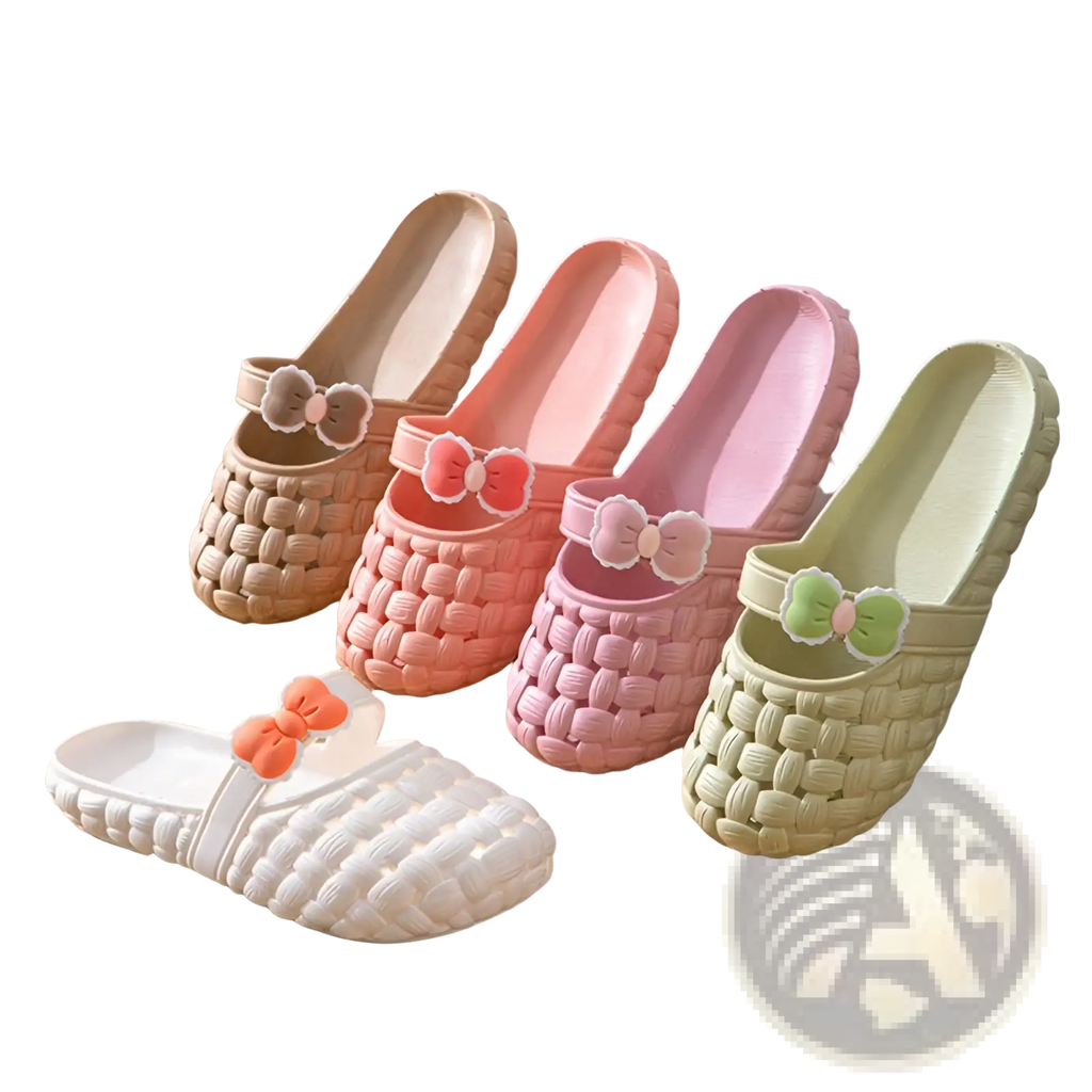 Pastel-colored woven plastic slippers with bow decorations made of PVC for summer beach slide sandals