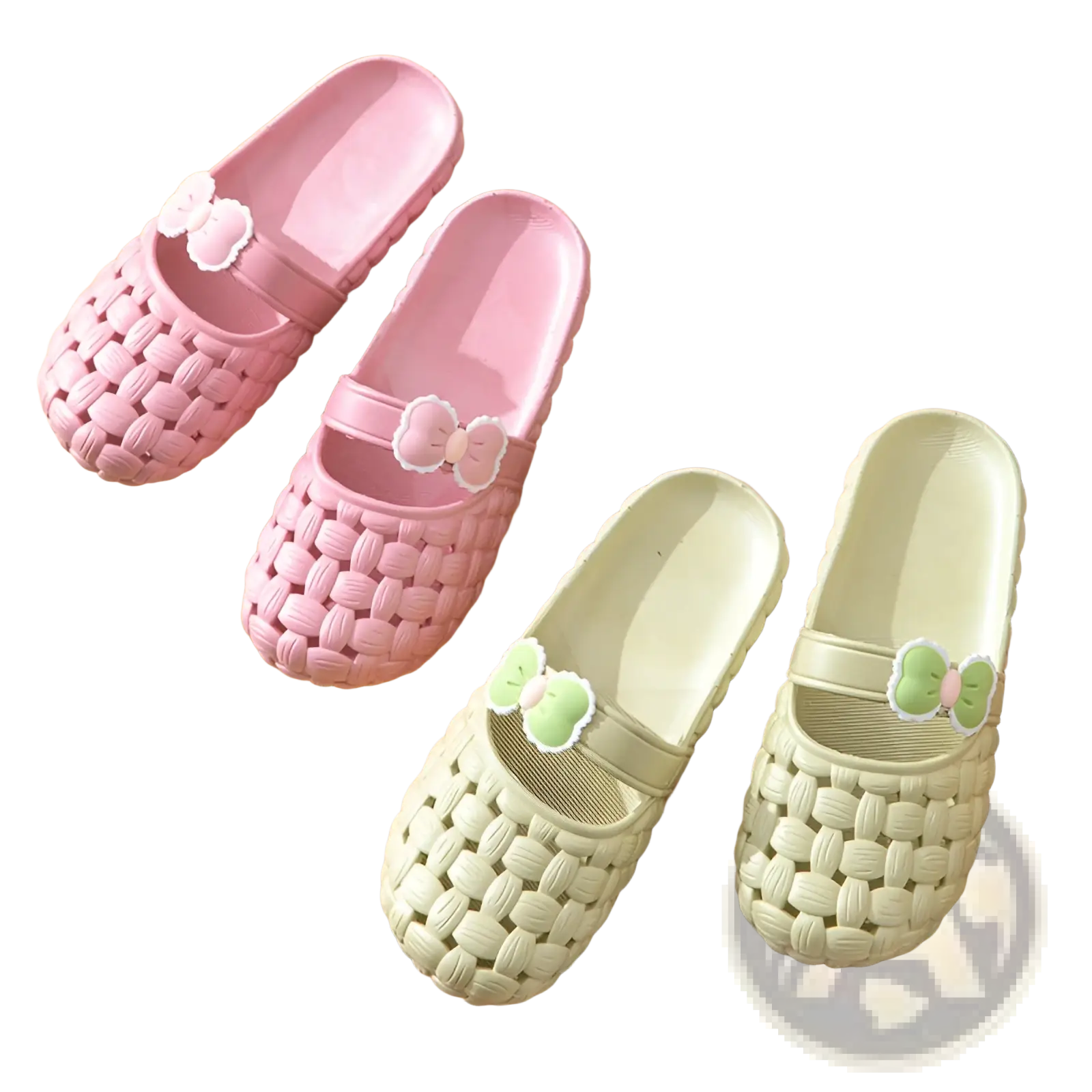 Woven bow slippers summer PVC beach slide sandals in pink and mint green with decorative bows and woven texture
