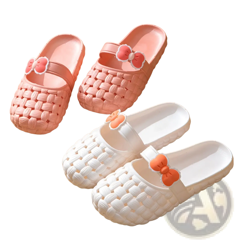 Woven bow slippers pink and white plastic summer pvc beach slide sandals with decorative bows