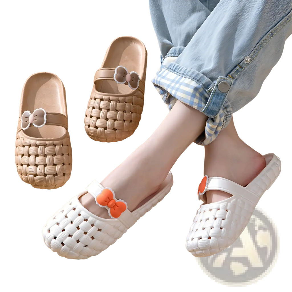 White woven plastic slide sandals with orange bow decorations designed as summer pvc beach slippers