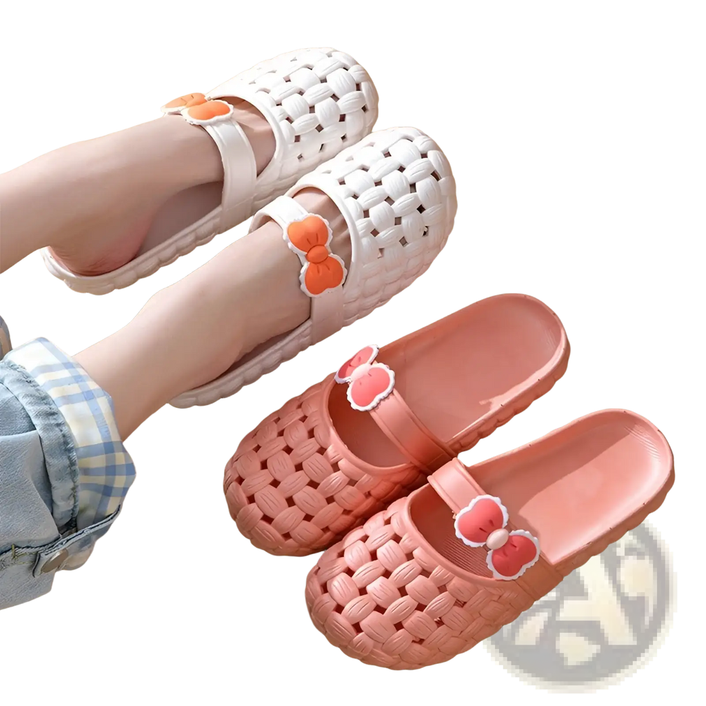White and pink woven plastic slide sandals with bow decorations designed as summer pvc beach slippers