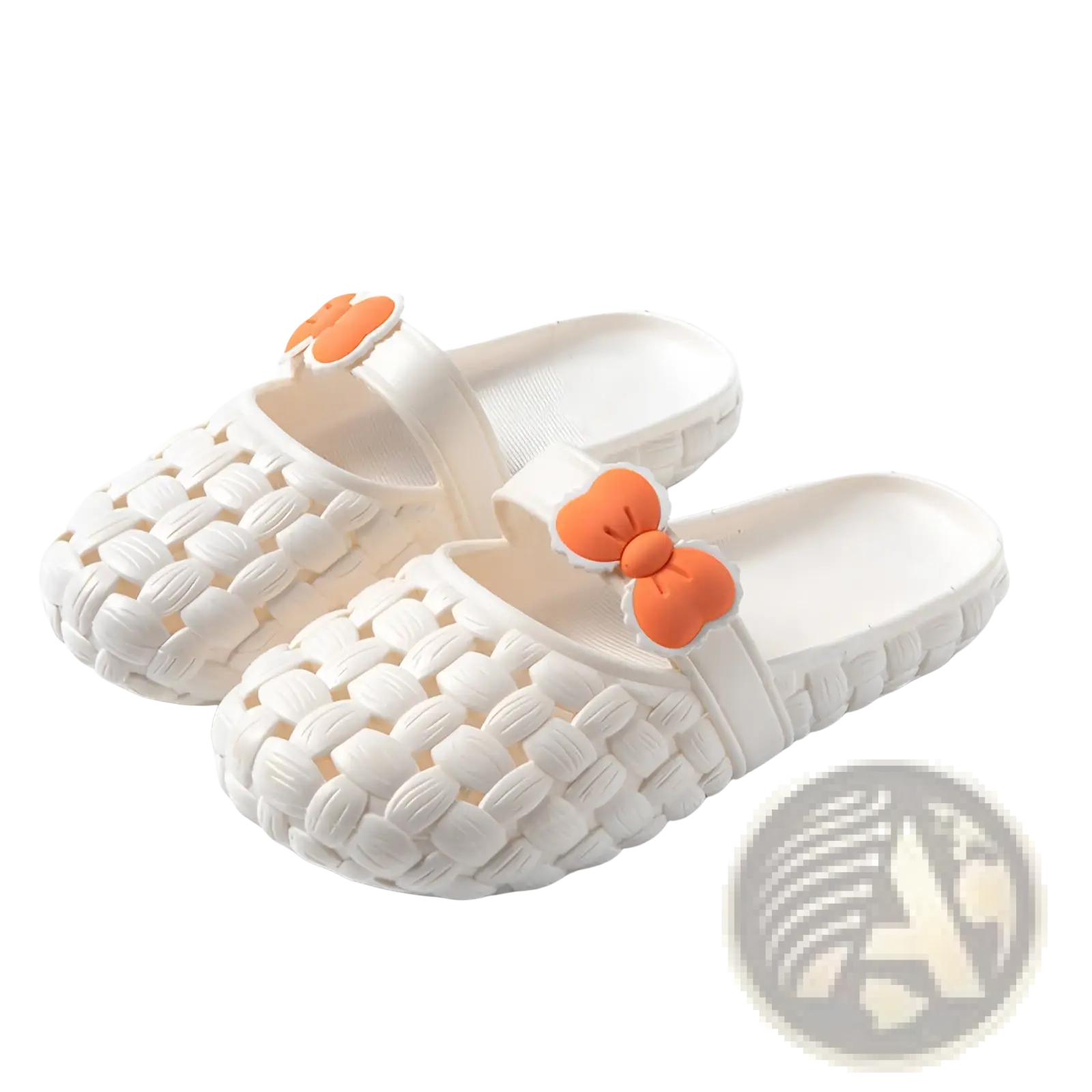 White woven plastic slide sandals with orange bow decorations suitable for summer beach wear