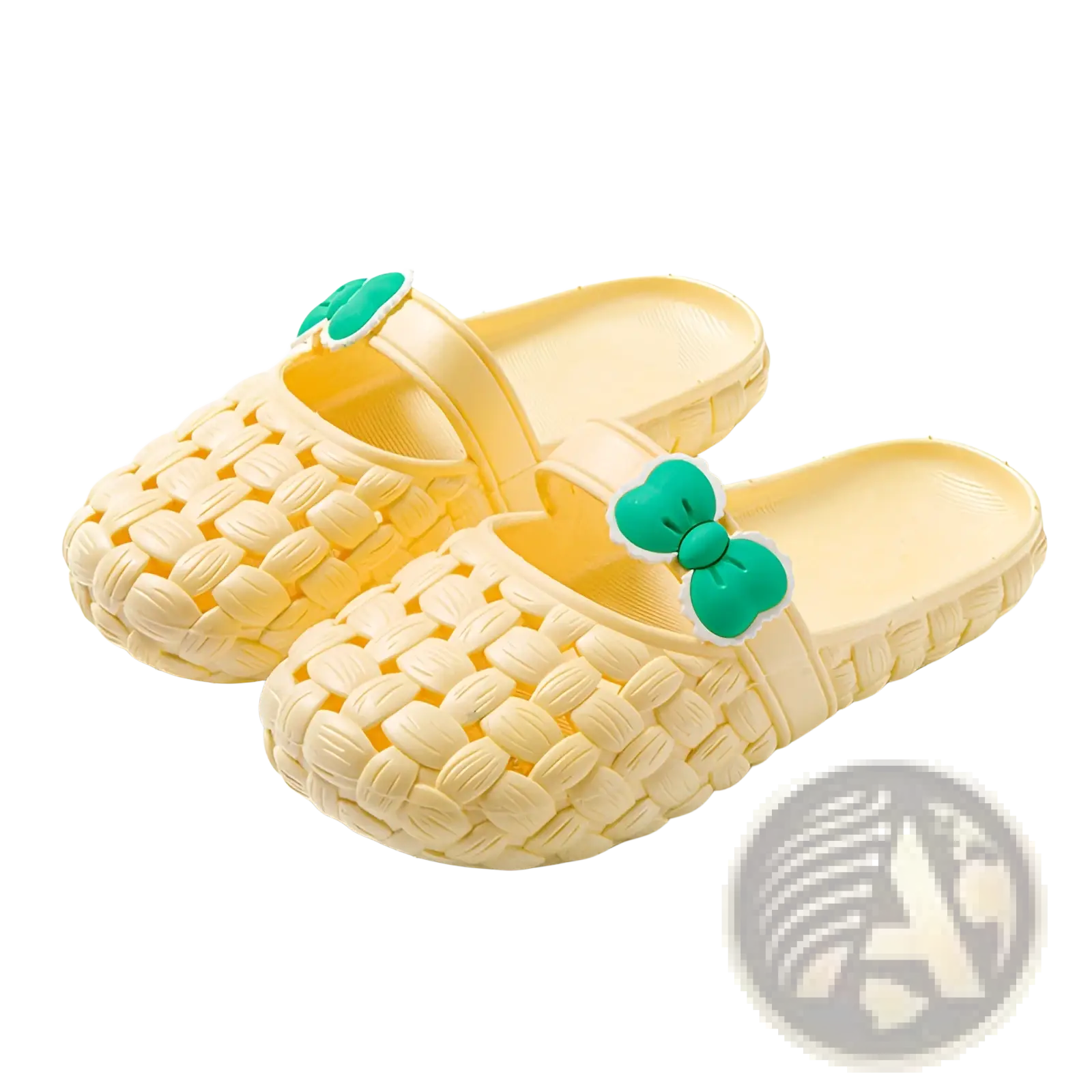 Cream-colored woven plastic slide sandals with green bow decorations for summer beach wear
