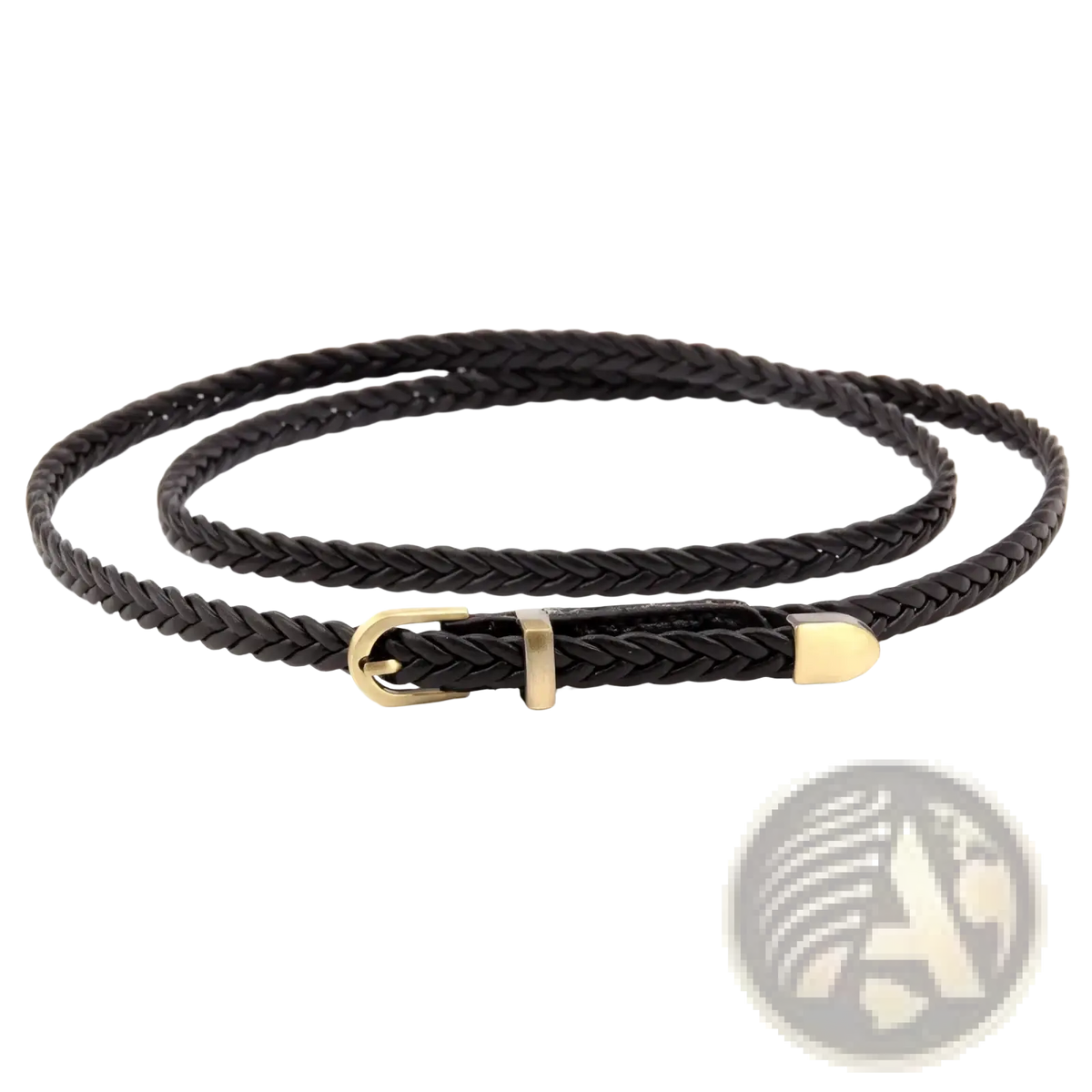 Woven braided waist belt for women in black leather with a gold-toned buckle and tip