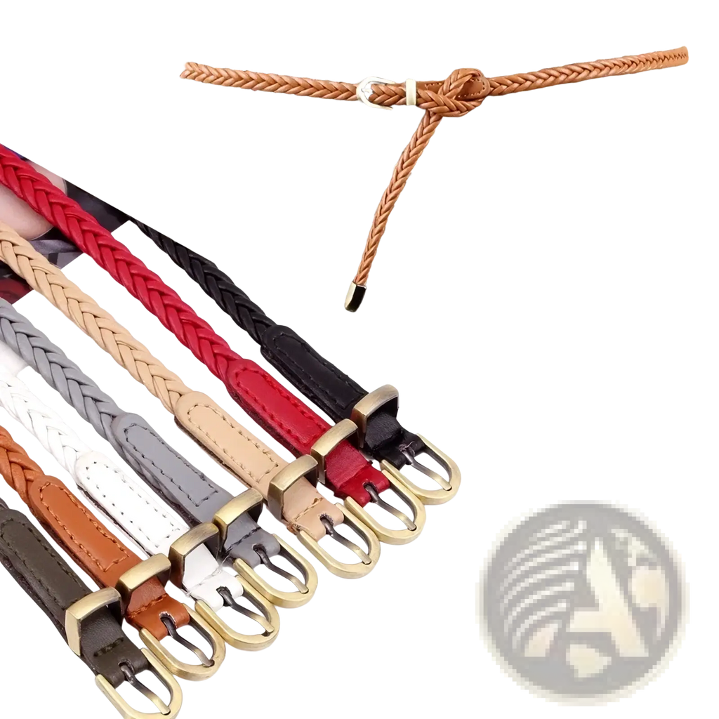 A woven braided waist belt for women in tan leather featuring a gold-toned buckle and matching tassel