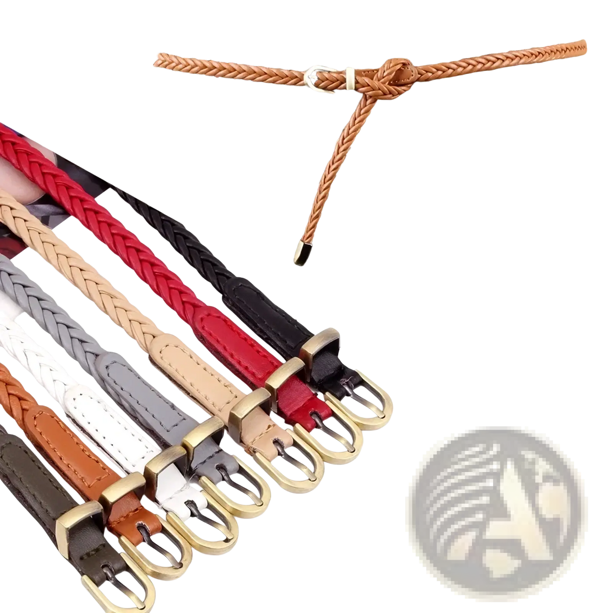 A woven braided waist belt for women in tan leather featuring a gold-toned buckle and matching tassel