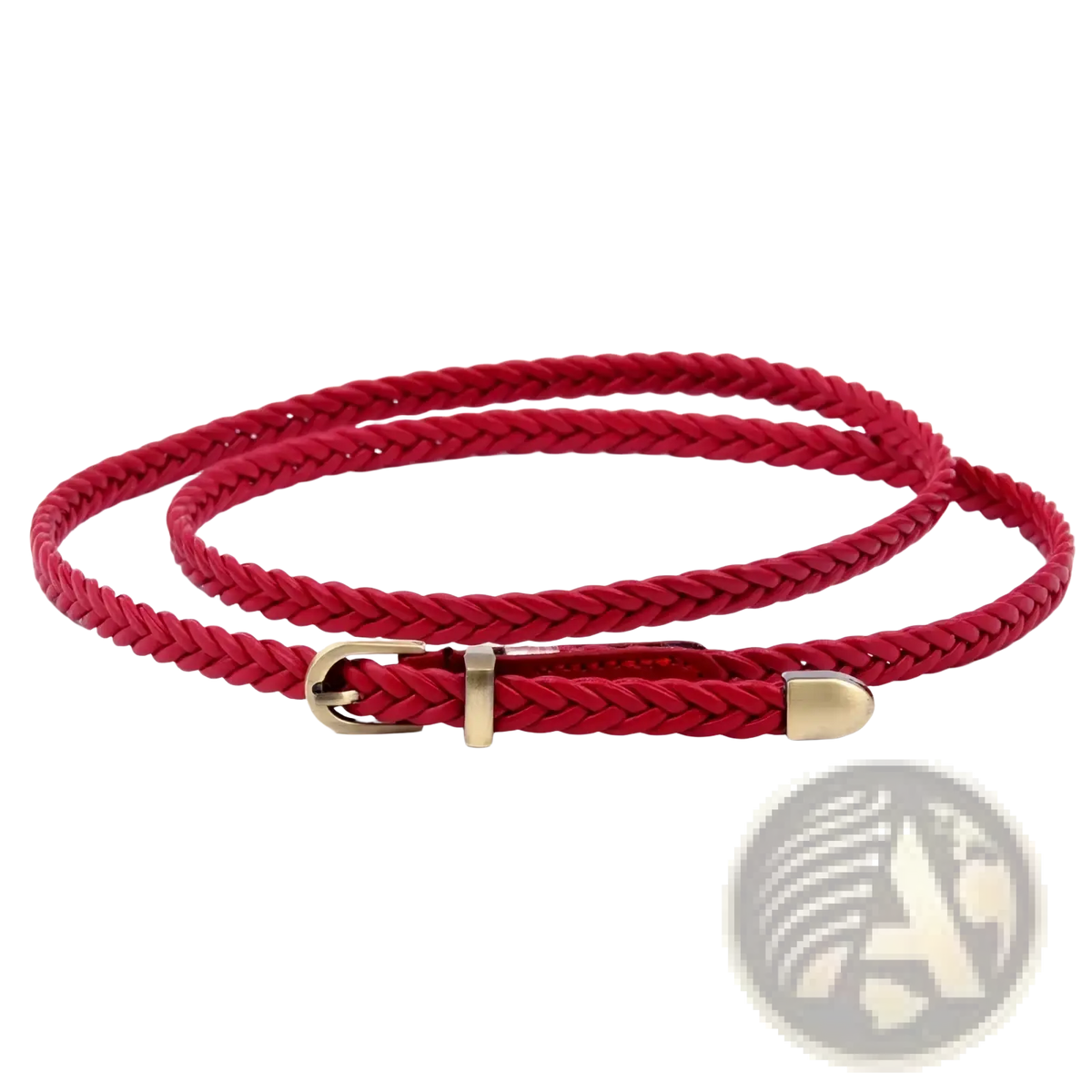 Red woven braided leather waist belt for women with a gold-toned buckle and tip