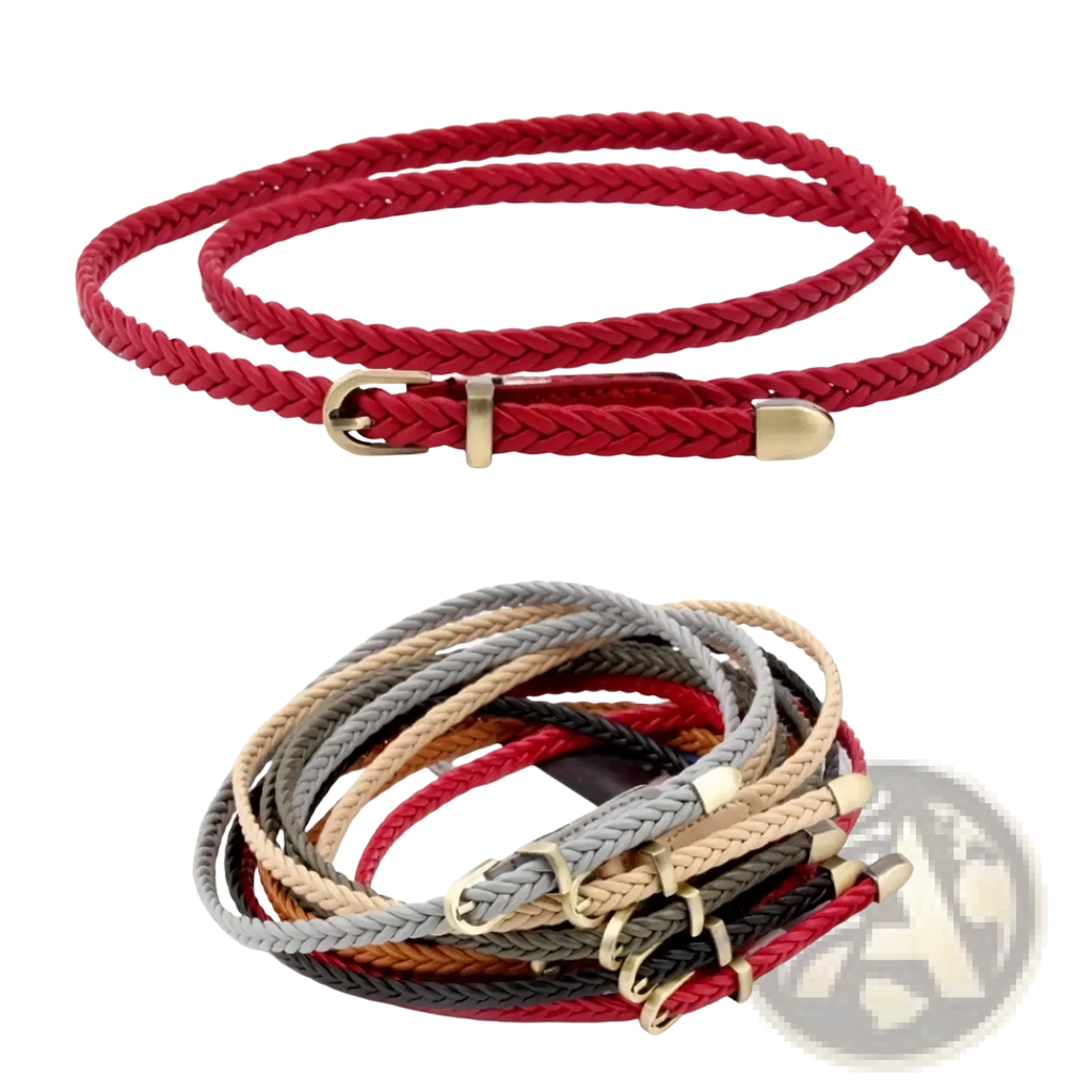 Red woven braided leather waist belt for women featuring a gold-toned buckle