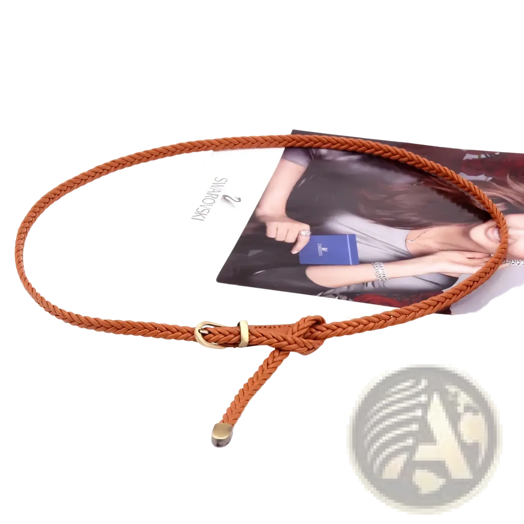A woven braided tan leather waist belt for women with a gold-toned buckle and matching metal tip