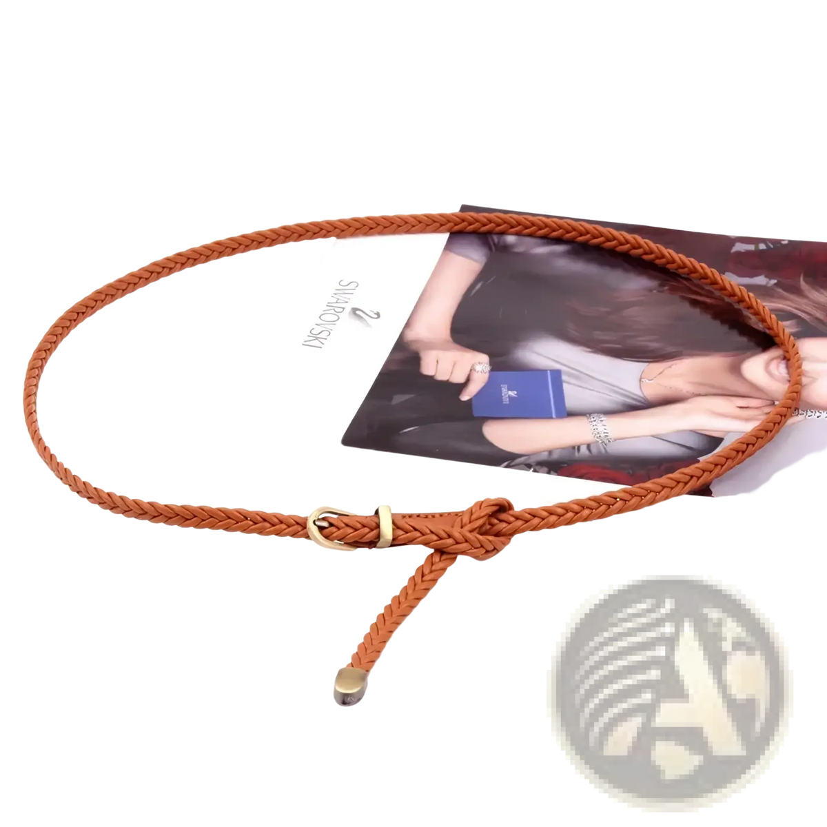 A woven braided tan leather waist belt for women with a gold-toned buckle and matching metal tip