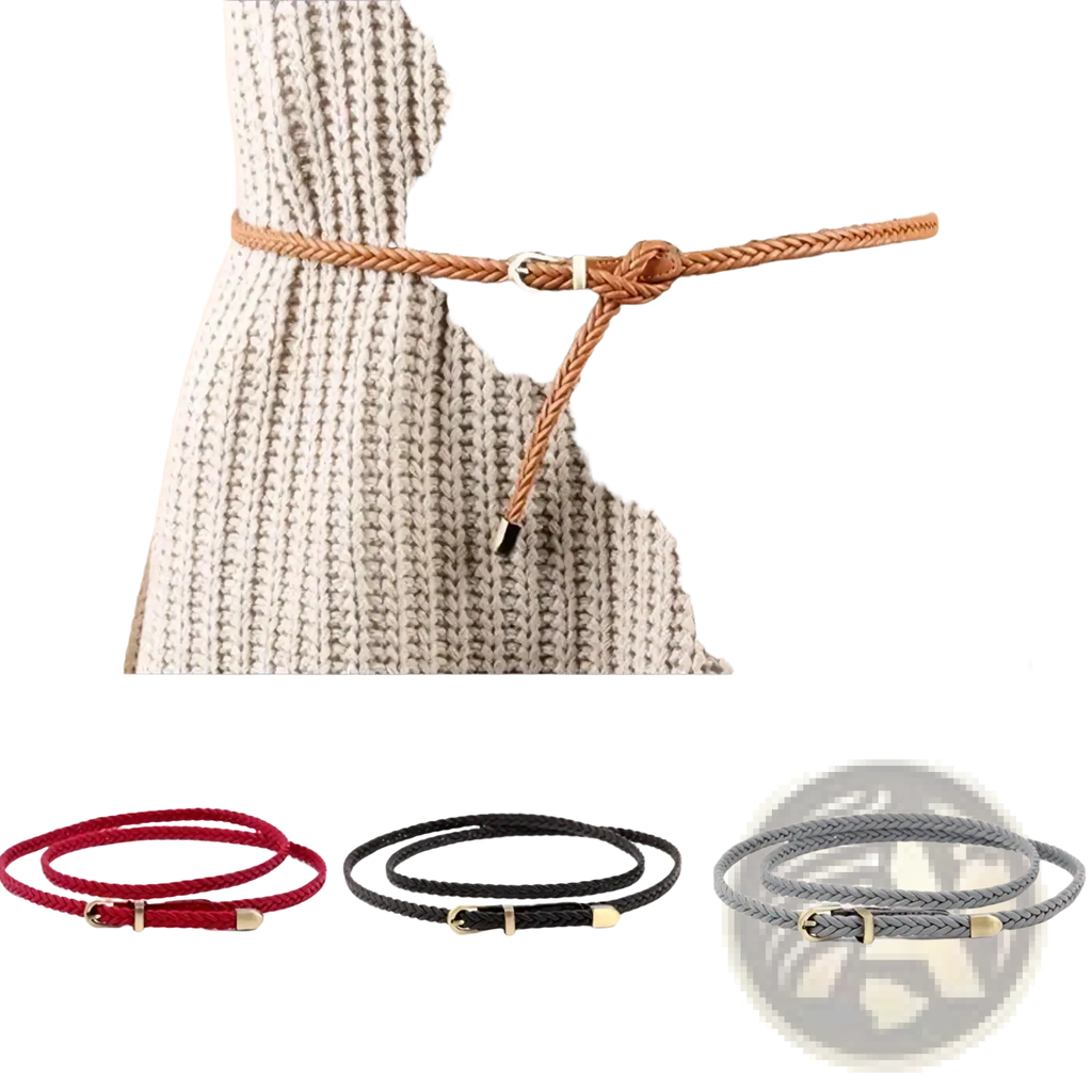 Woven braided waist belt for women in tan braided leather with silver-toned buckle and adjustable tie