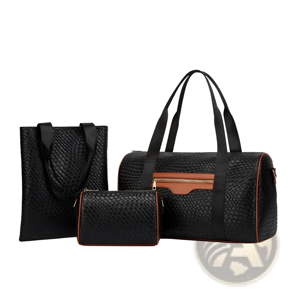 Woven business travel bag 3 piece gym set with black woven texture and brown leather zipper accents