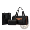 Woven business travel bag 3 piece gym set with black woven texture and brown leather zipper accents