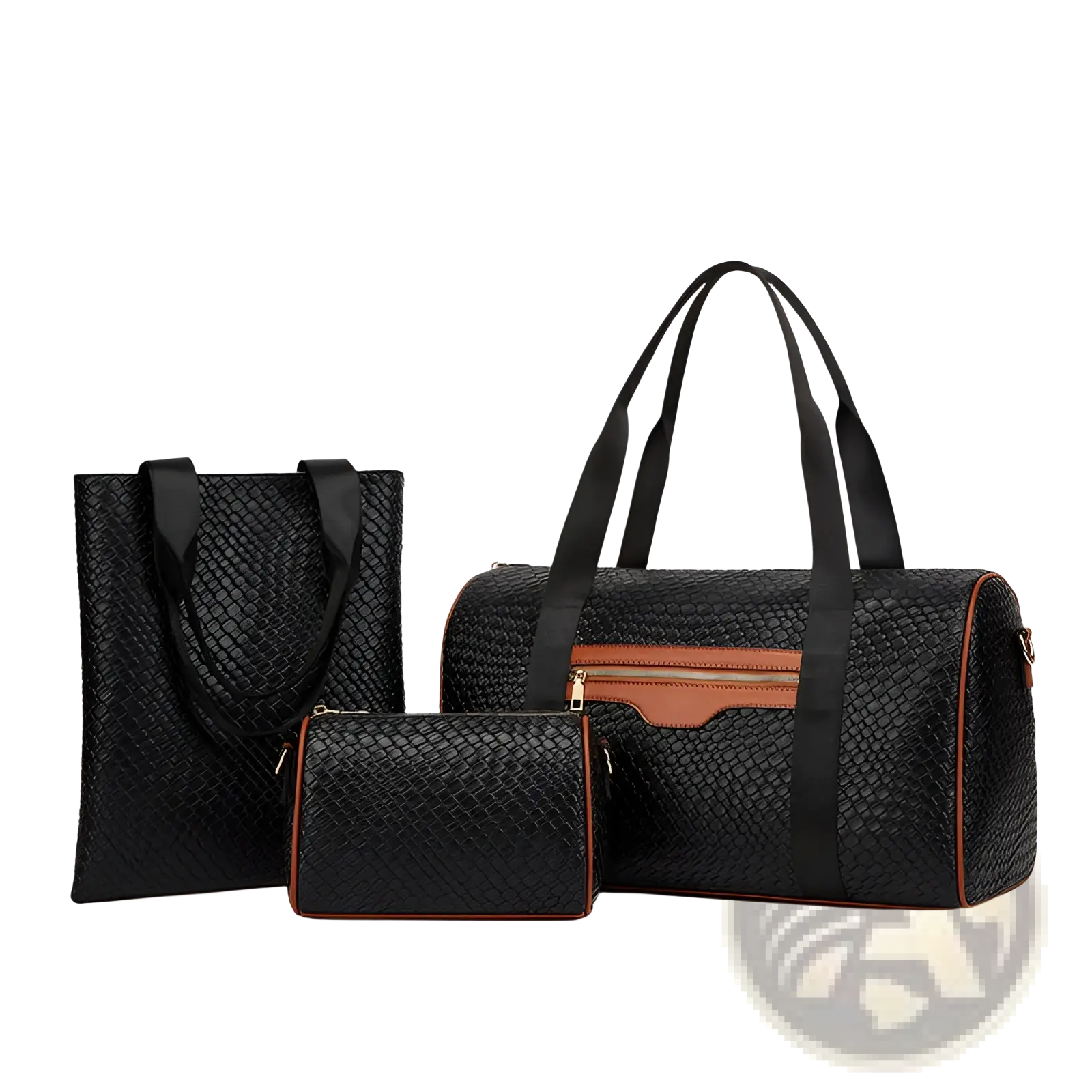 Woven business travel bag 3 piece gym set with black woven texture and brown leather zipper accents