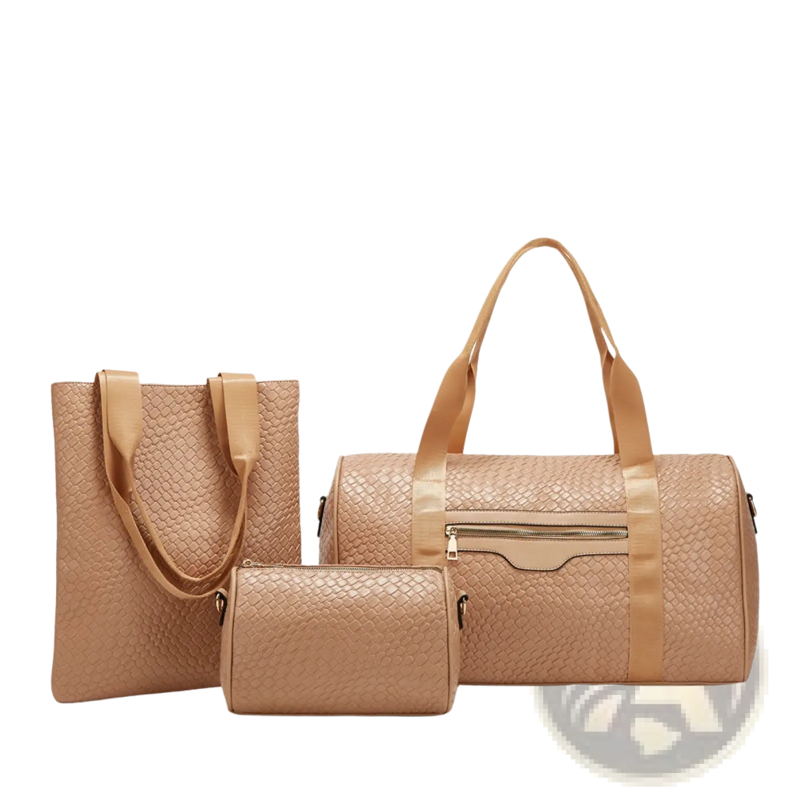 Beige woven business travel handbag set featuring textured pattern and matching straps for gym and travel use