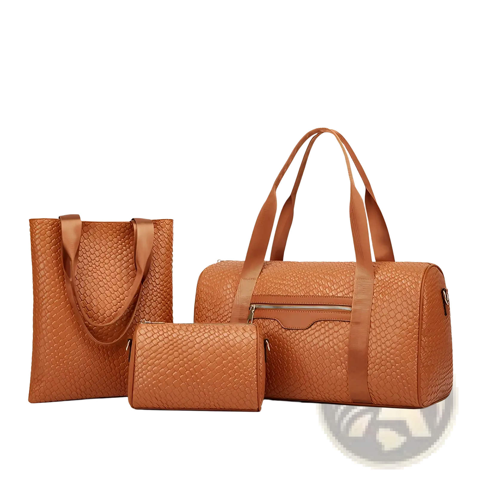 Tan woven leather three-piece handbag set with textured basketweave pattern and matching handles for business travel and gym use