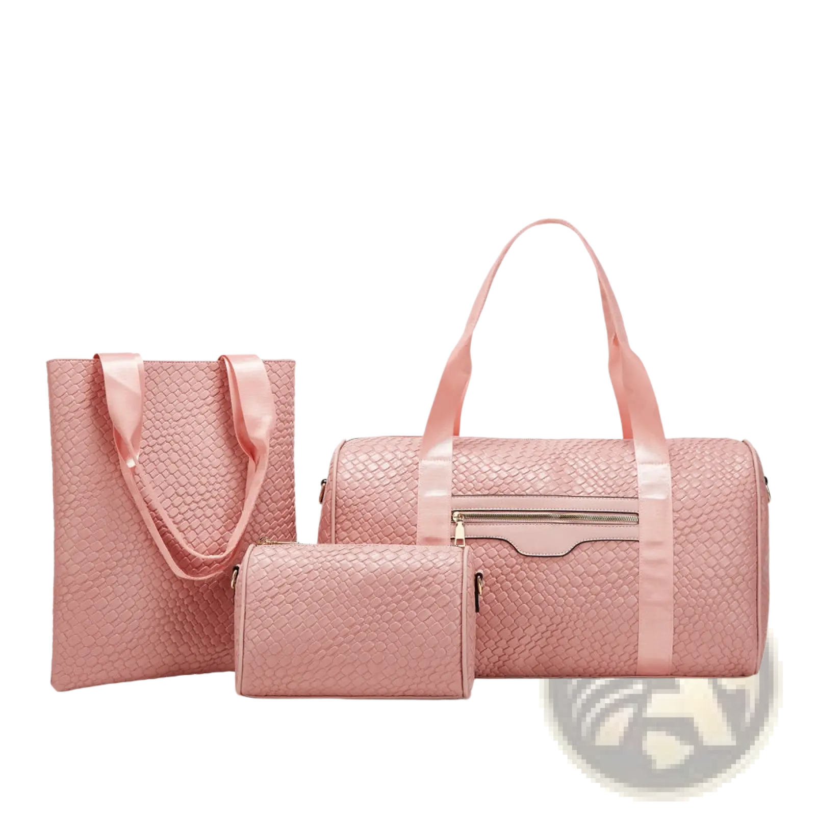 Set of three pink snakeskin textured woven business travel bags with satin straps and metallic zippers for gym use