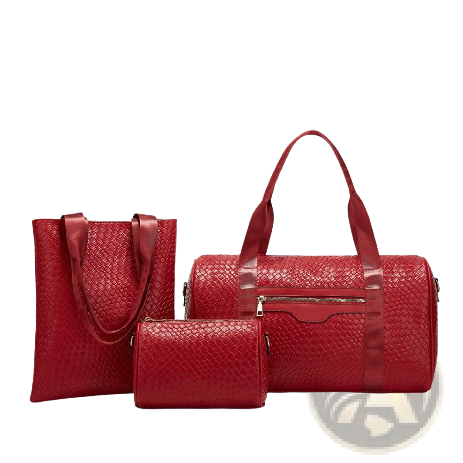 Red snakeskin-patterned leather woven business travel bag 3 piece gym set including tote duffel and clutch