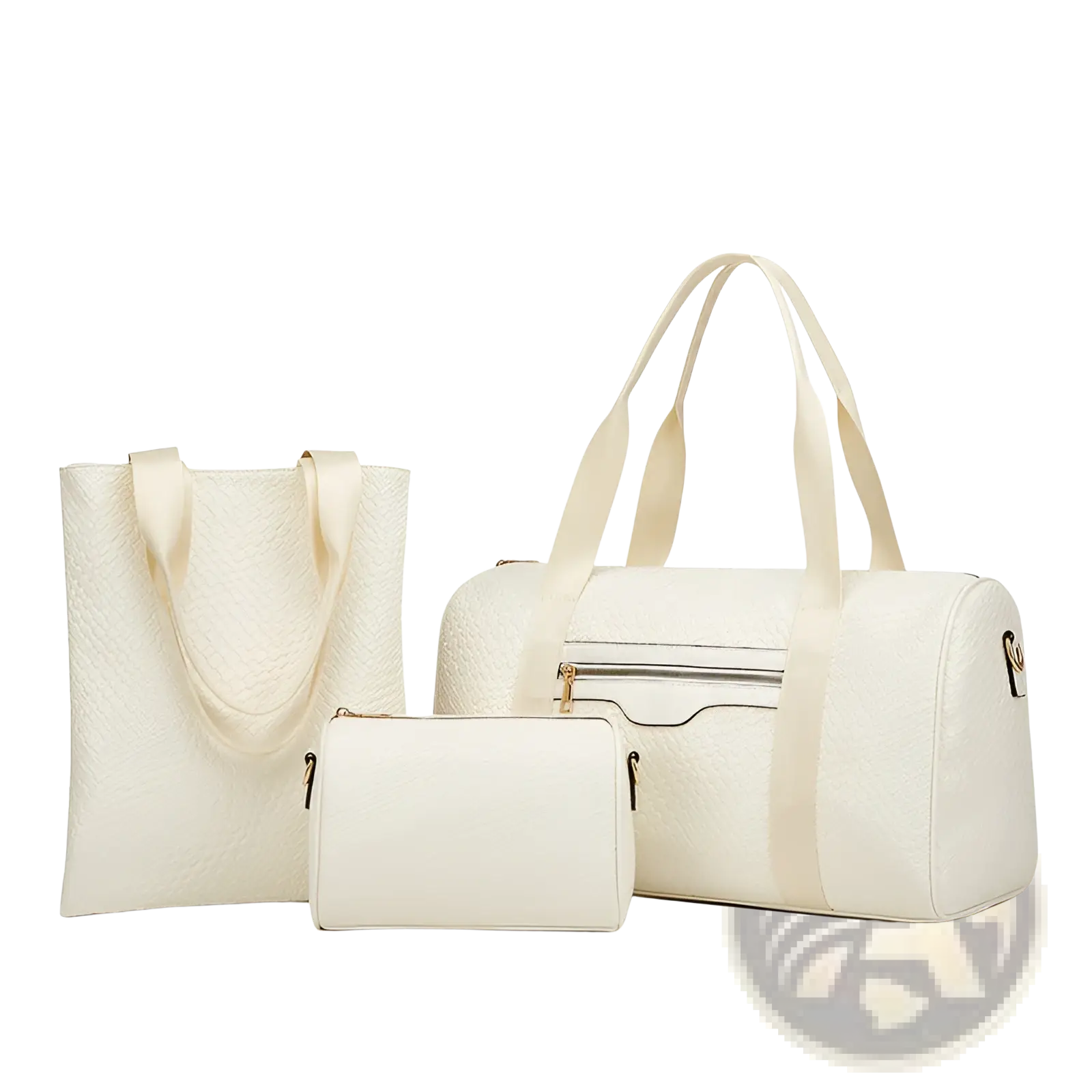 Cream-colored textured faux leather woven business travel bag 3 piece gym set with duffel tote and pouch gold zippers