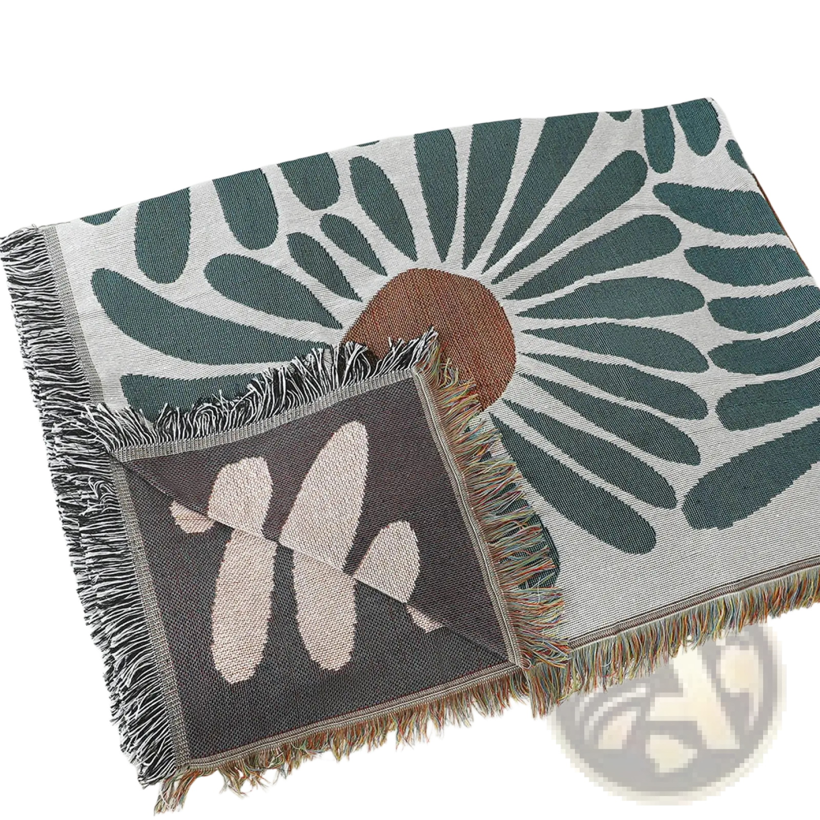 A woven cotton daisy and geometric floral throw blanket with a teal and brown sunburst pattern on light gray