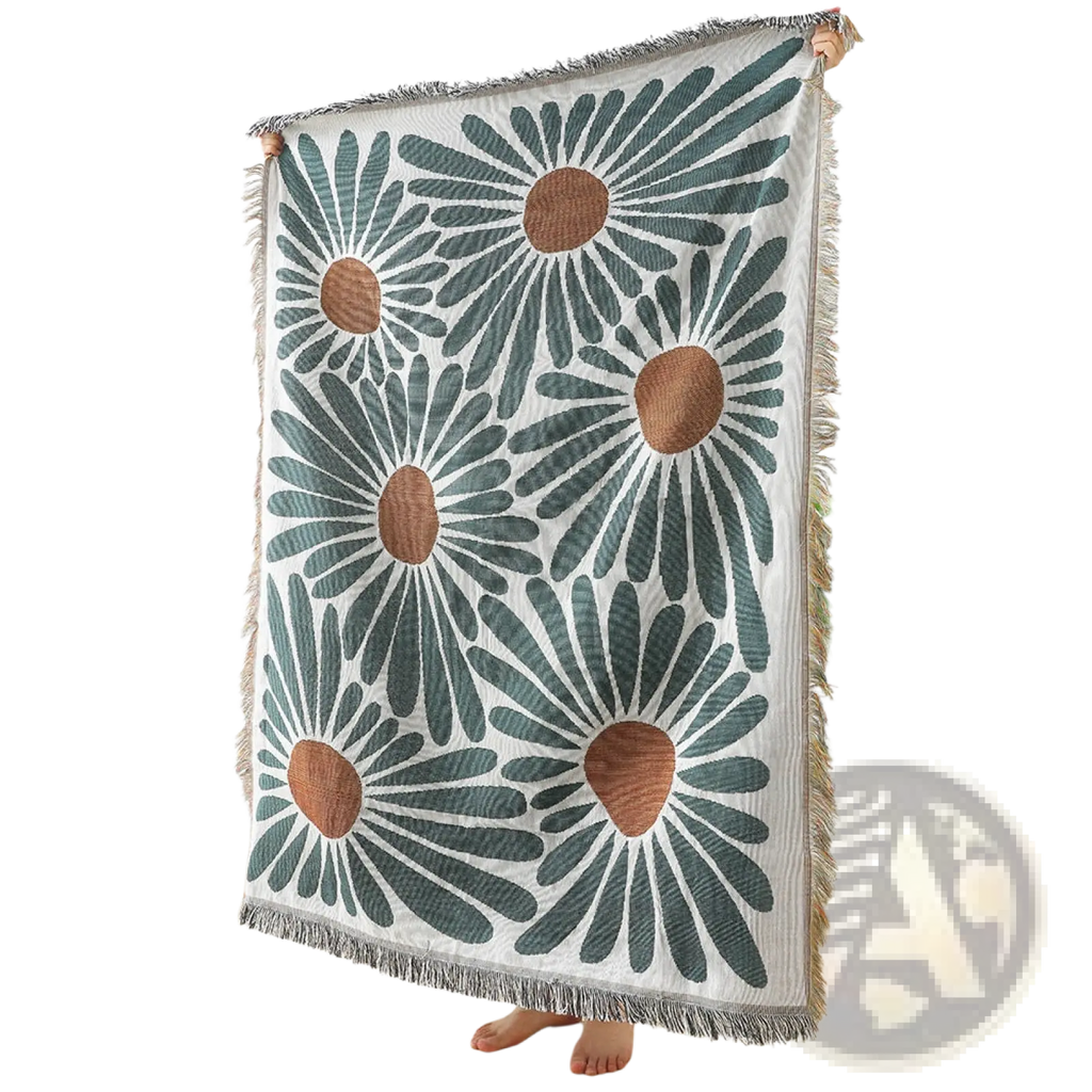 Woven cotton daisy and geometric floral throw blanket with oversized teal and tan daisies on white background with fringed edges
