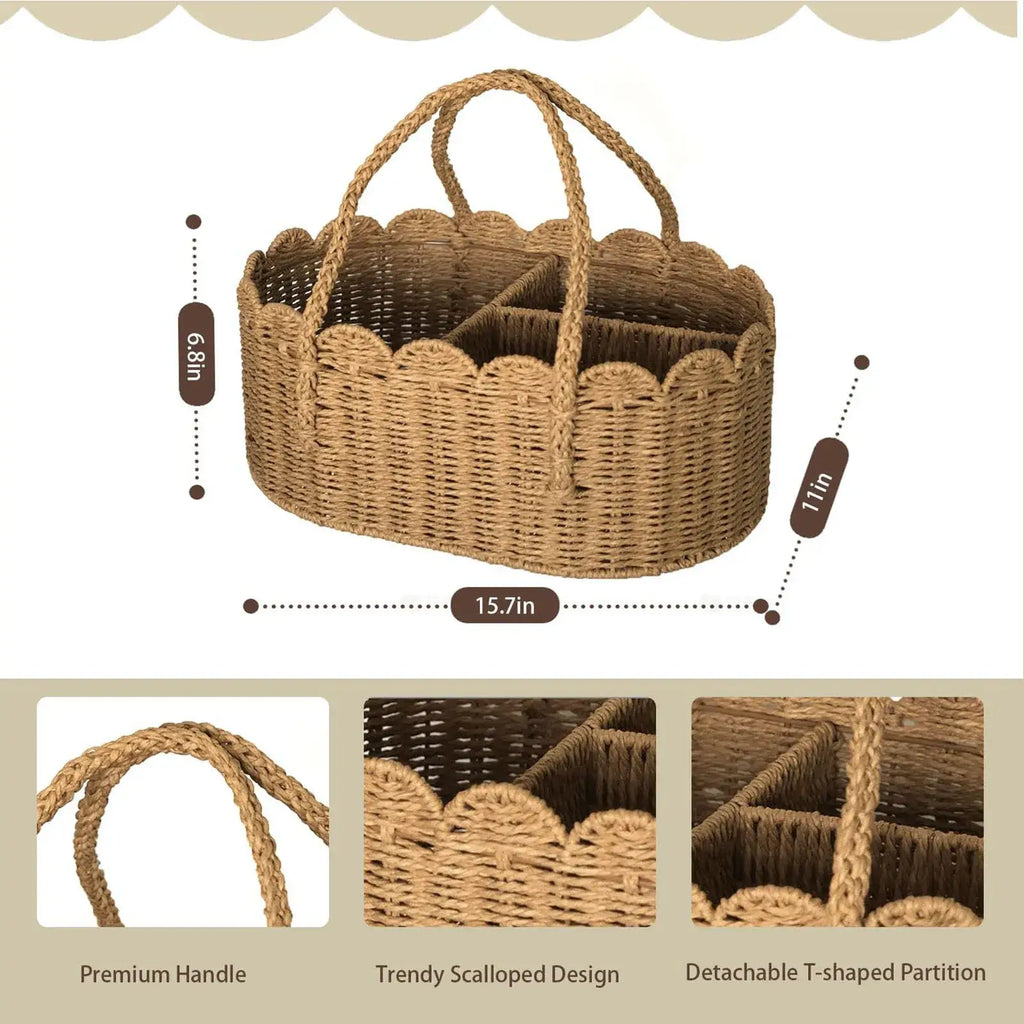 Beige woven diaper caddy with scalloped edge and detachable t-shaped partition for organized storage