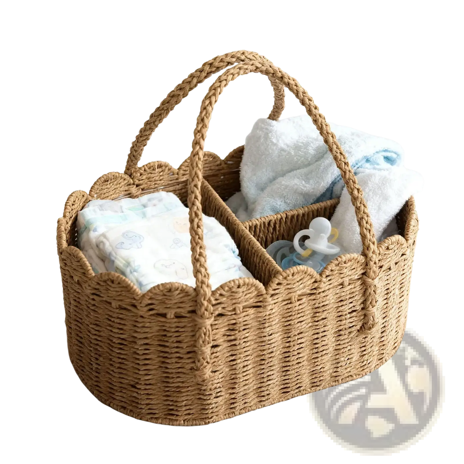Woven diaper caddy in light brown with scalloped edges braided handles and removable dividers for baby essentials