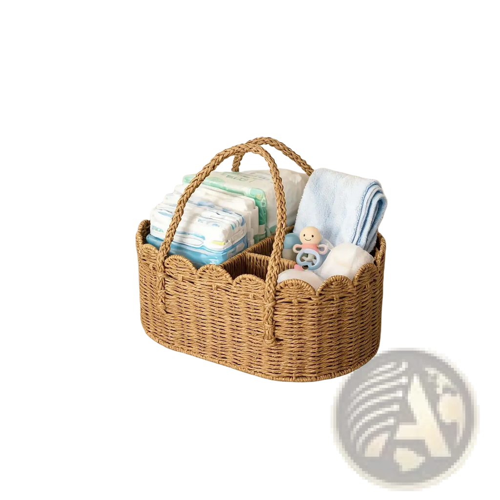 Woven wicker diaper caddy with removable dividers, scalloped edges, two handles, for organizing baby essentials