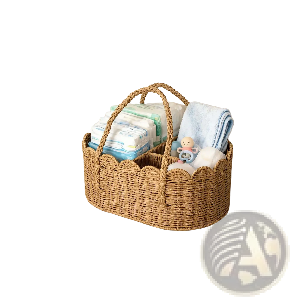 Woven wicker diaper caddy with removable dividers, scalloped edges, two handles, for organizing baby essentials