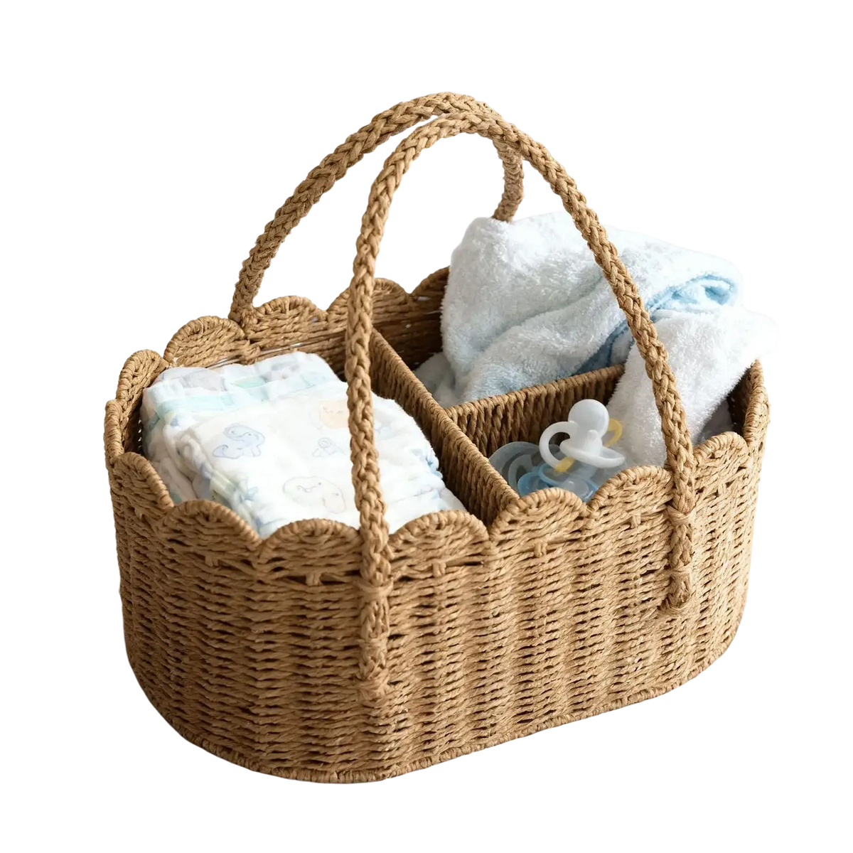 Woven diaper caddy in light brown with scalloped edges braided handles and removable dividers for baby essentials