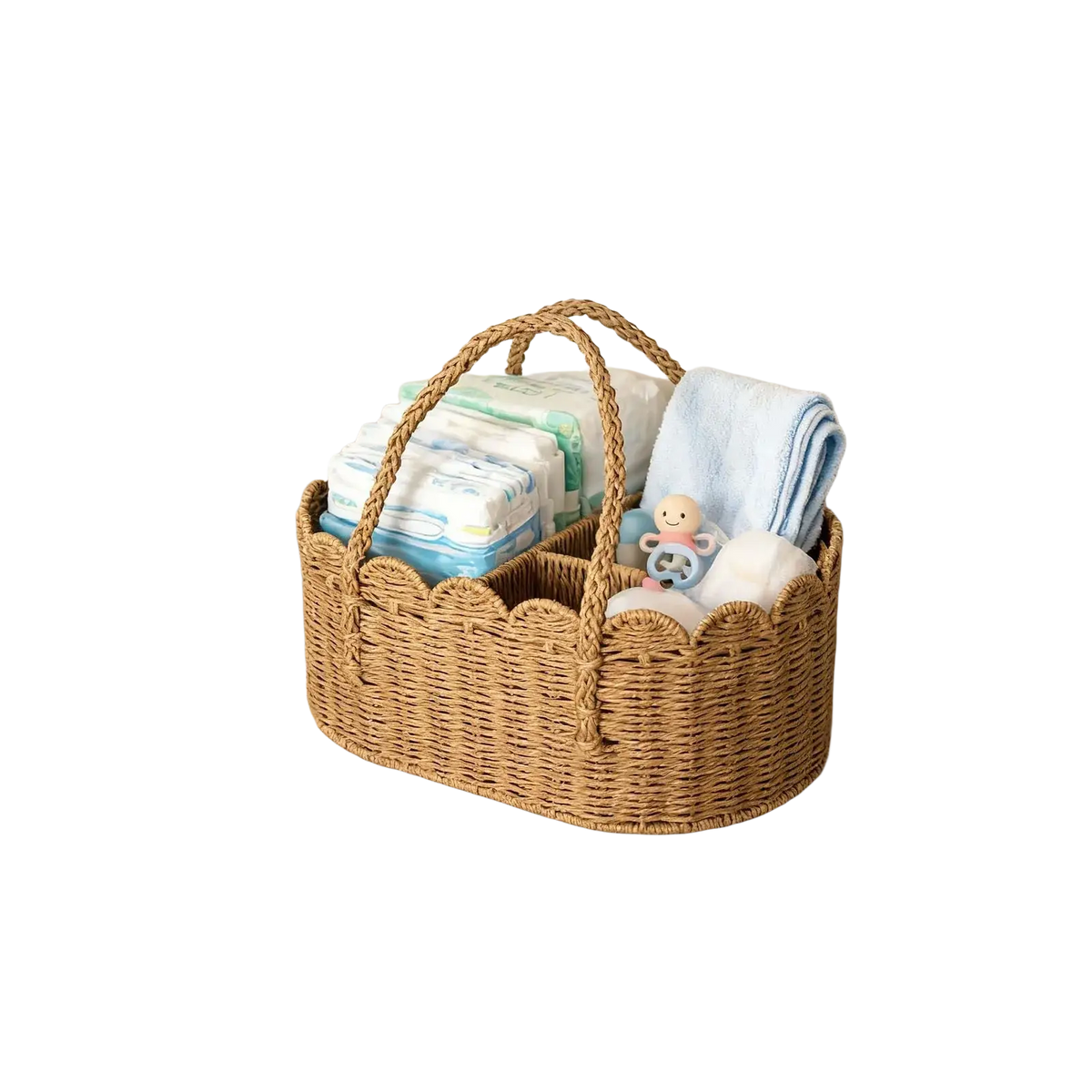 Woven wicker diaper caddy with removable dividers, scalloped edges, two handles, for organizing baby essentials