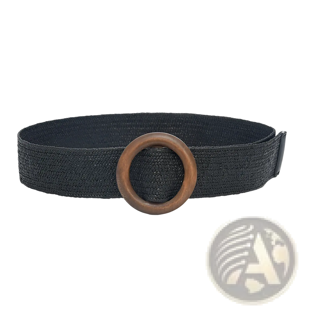 Black woven elastic belt with a wooden round buckle showcasing a stylish and durable design