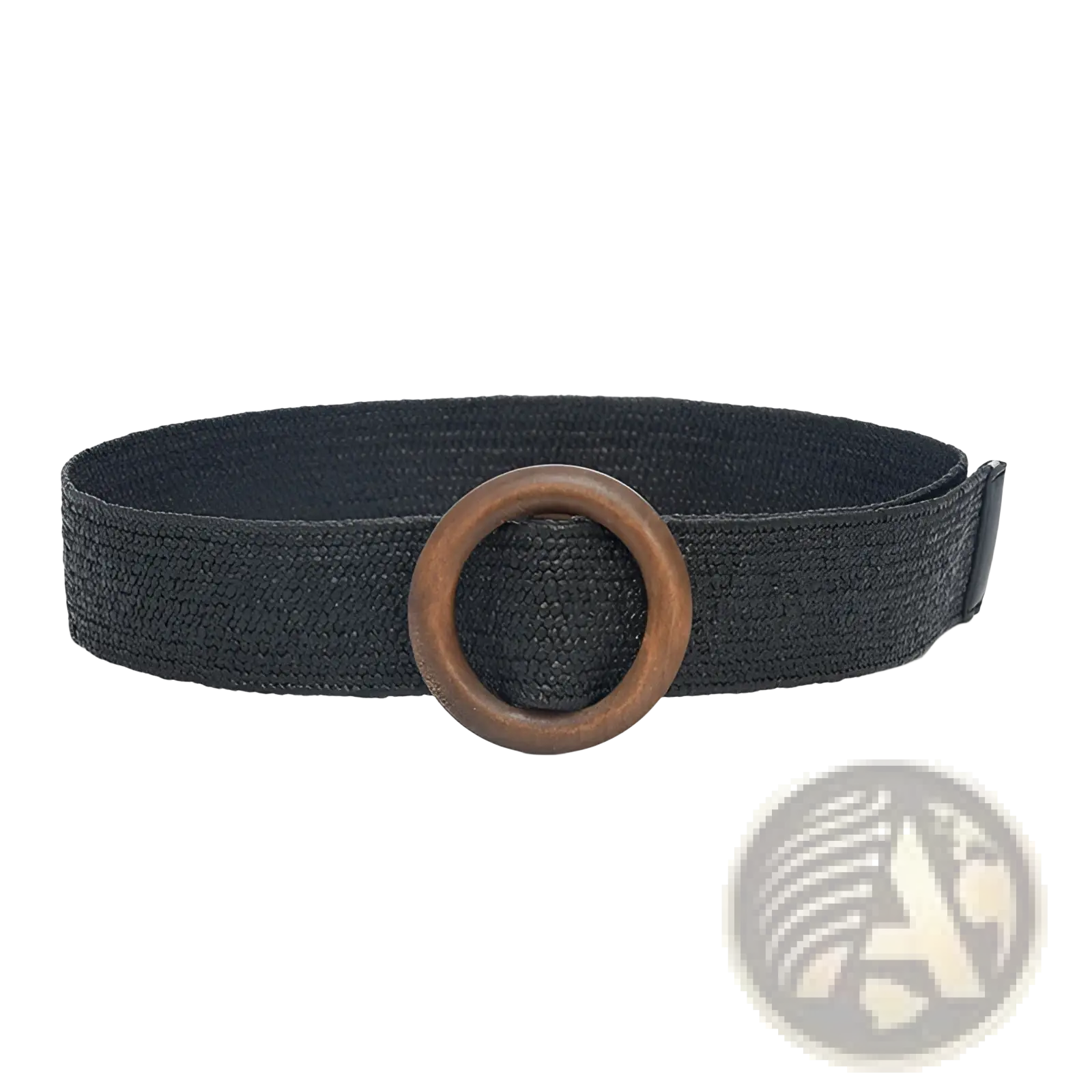 Black woven elastic belt with a wooden round buckle showcasing a stylish and durable design