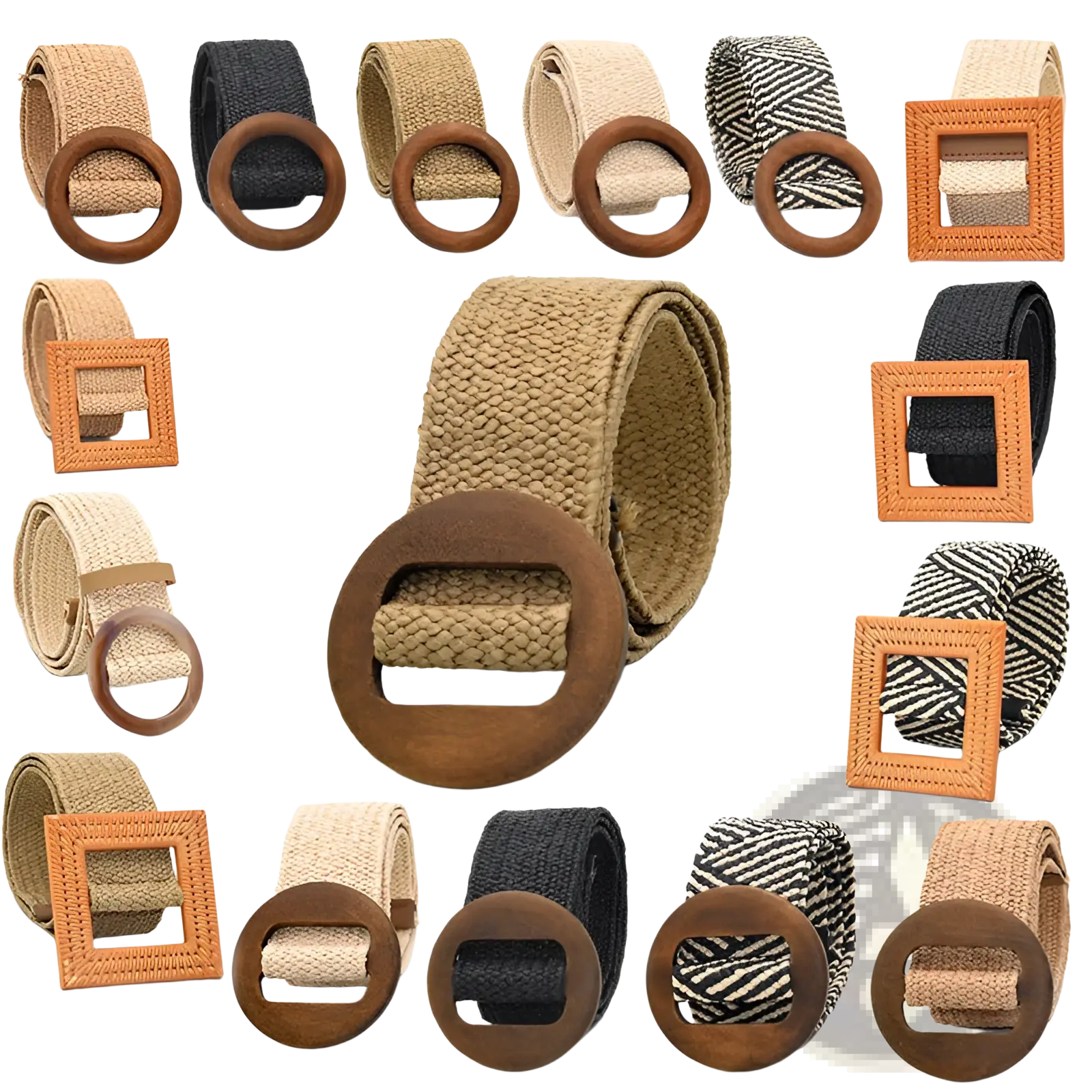 Beige woven elastic belt with a round wooden buckle made of fabric for stylish and comfortable wear