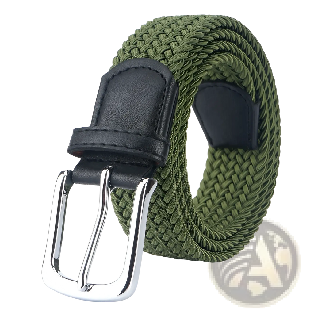 Olive green woven elastic stretch belt for men and women with black leather accents and silver-toned buckle