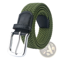 Olive green woven elastic stretch belt for men and women with black leather accents and silver-toned buckle