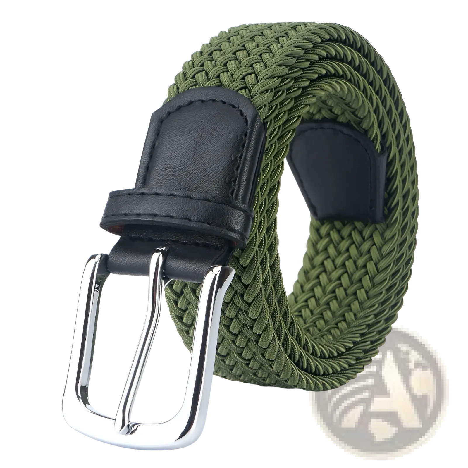 Olive green woven elastic stretch belt for men and women with black leather accents and silver-toned buckle