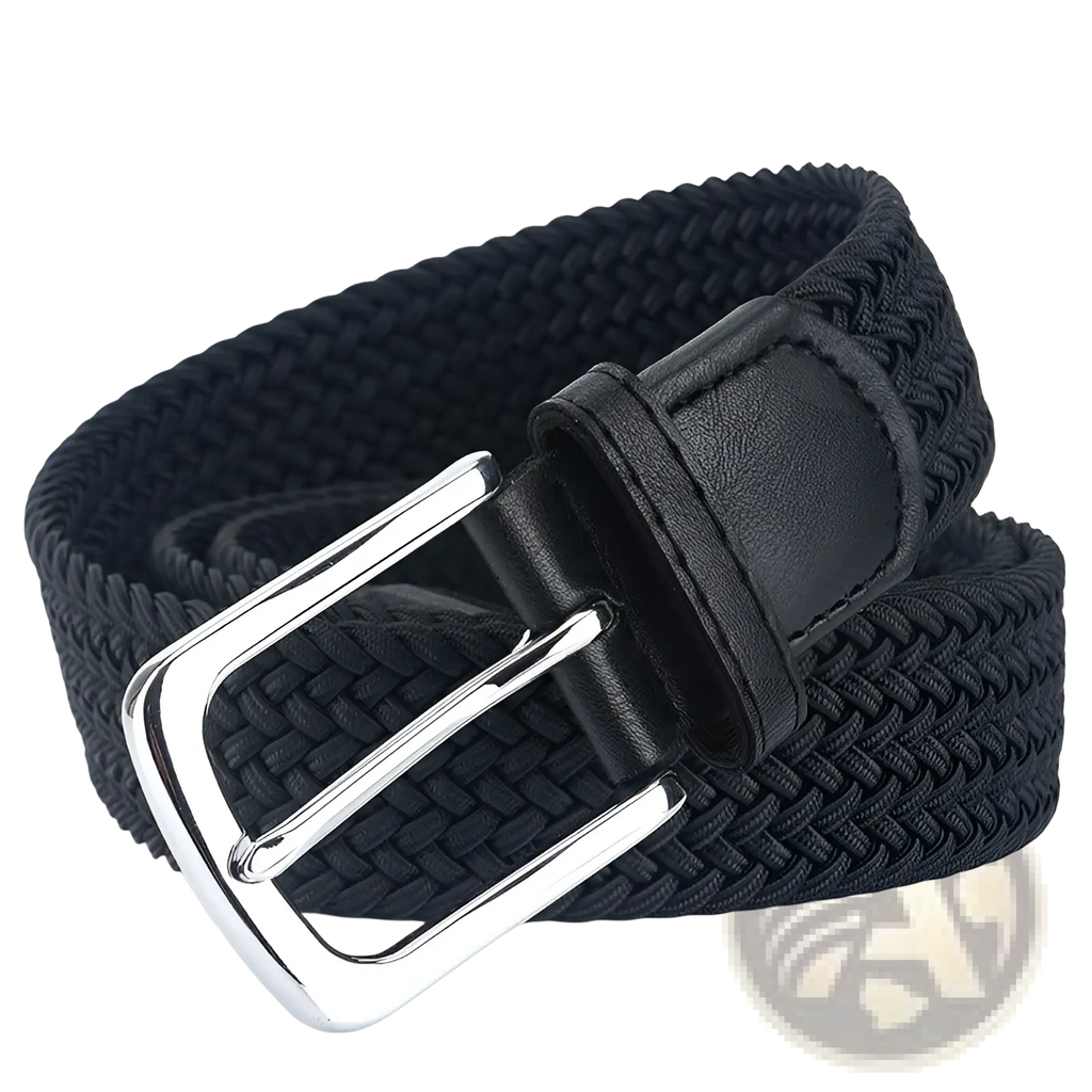 Black woven elastic stretch belt for men and women with silver toned buckle and leather tab