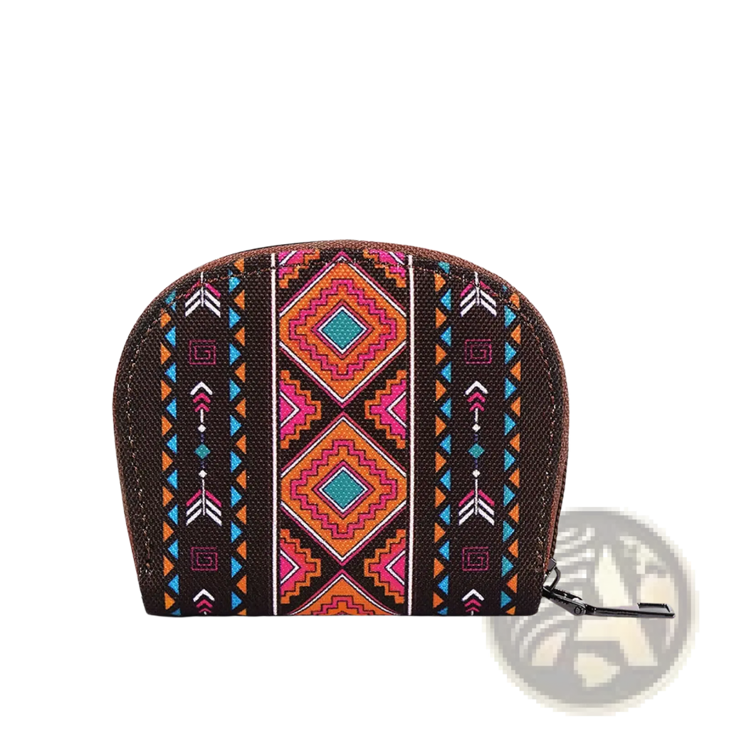Woven geometric card wallet and portable coin purse in dark brown with vibrant orange pink teal and blue pattern