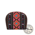 Woven geometric card wallet and portable coin purse in dark brown with vibrant orange pink teal and blue pattern