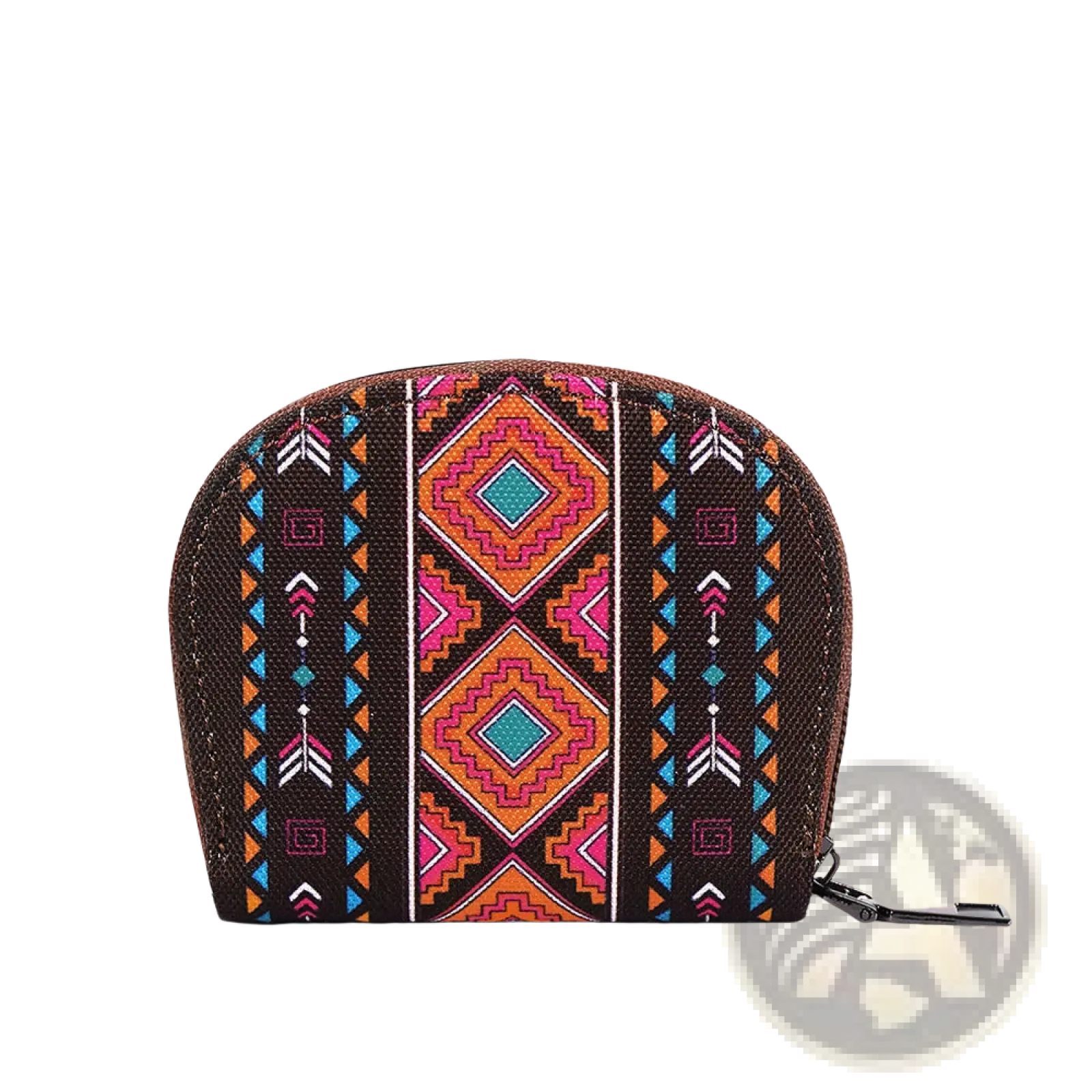Woven geometric card wallet and portable coin purse in dark brown with vibrant orange pink teal and blue pattern