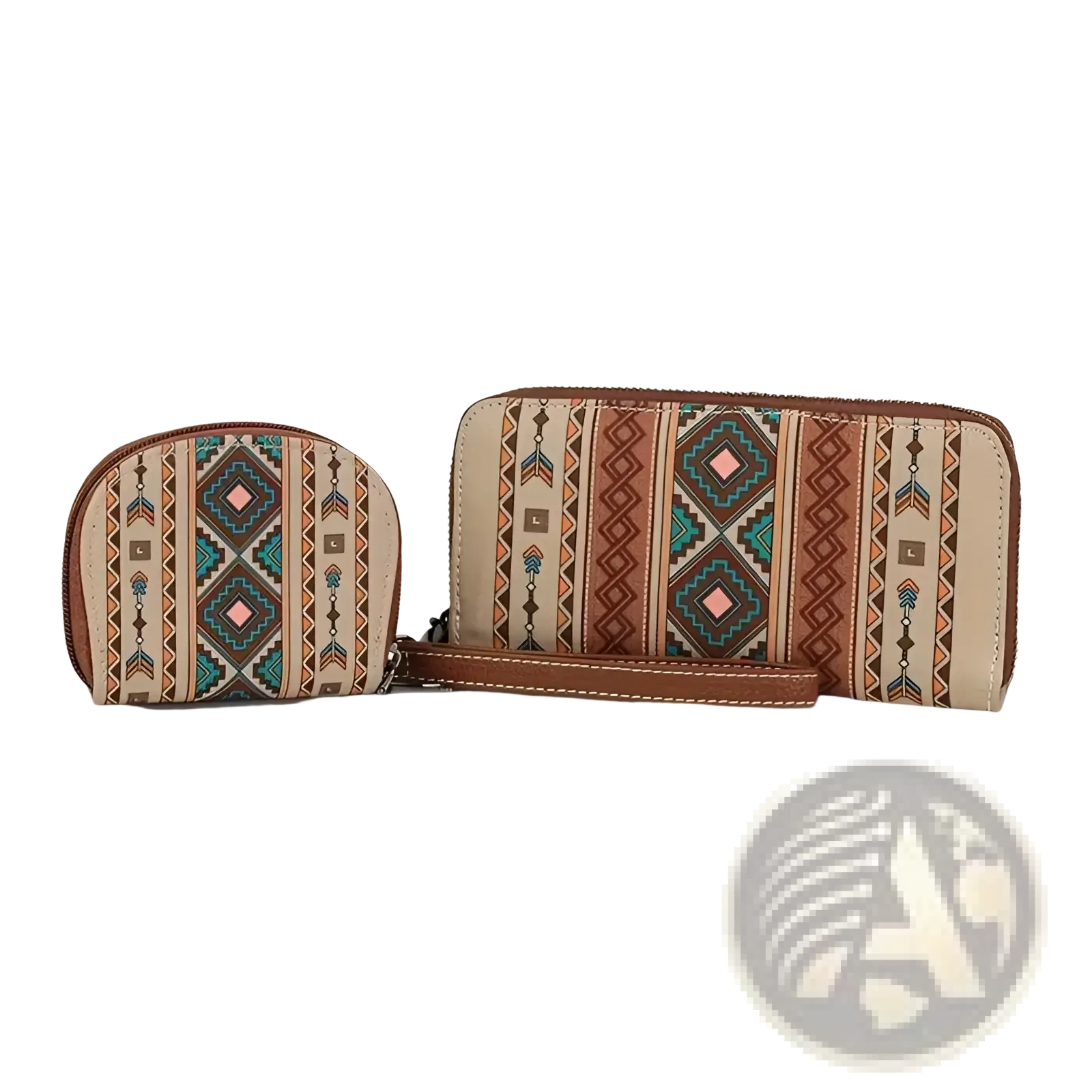 Beige and brown woven geometric card wallet with zippered coin purse and tan leather wristlet featuring turquoise accents