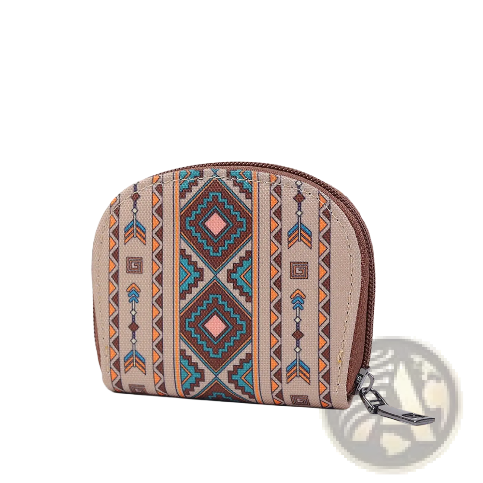Beige woven geometric card wallet and portable coin purse with teal brown and peach tribal pattern and matching zipper closure